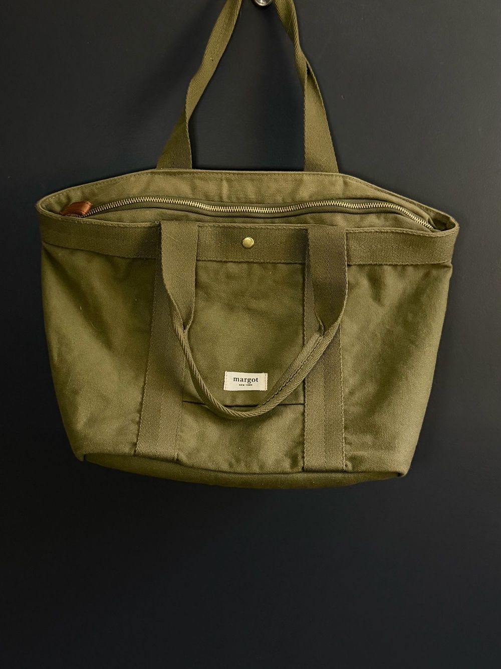 margot Olive Canvas Carryall Tote with Zip